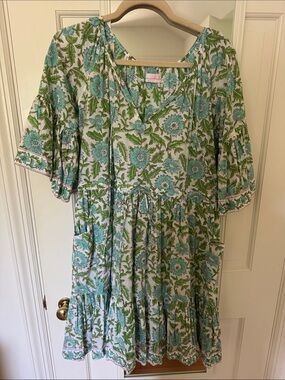 Mary Marshmallow Floral Tiered Cotton Dress - Seafoam Green & White